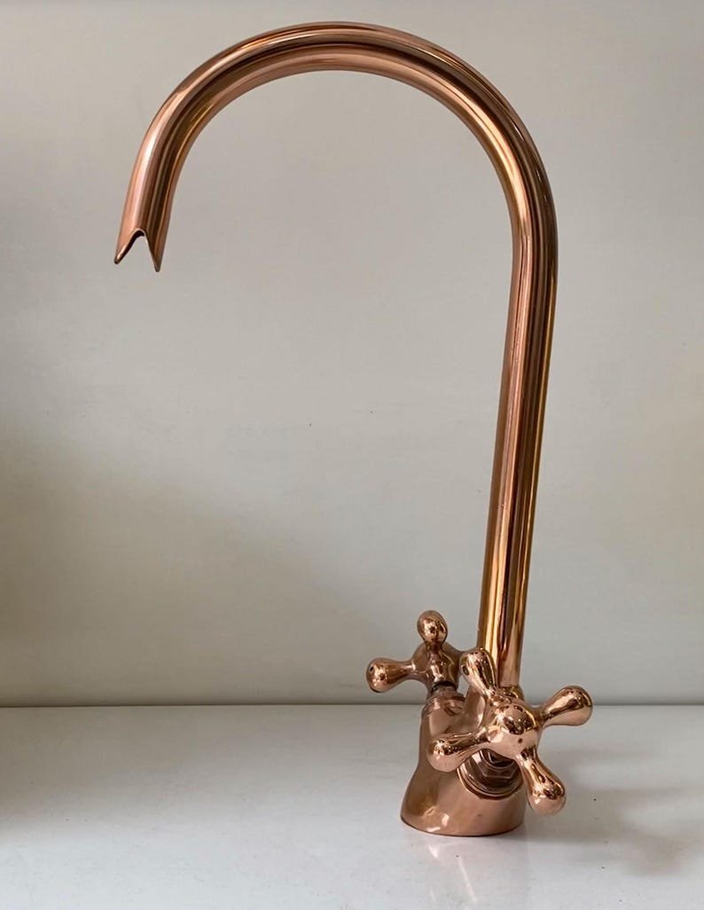 Handcrafted Copper Gooseneck Faucet - Farmhouse Kitchen & Bathroom Sink Tap - Vintage Style Hot Cold Water Fixture for Vessel Sink