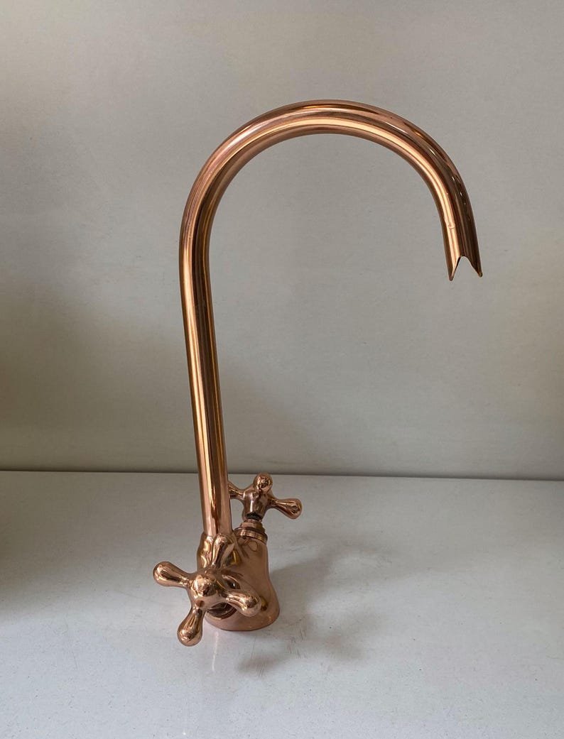 Handcrafted Copper Gooseneck Faucet - Farmhouse Kitchen & Bathroom Sink Tap - Vintage Style Hot Cold Water Fixture for Vessel Sink - Image 4