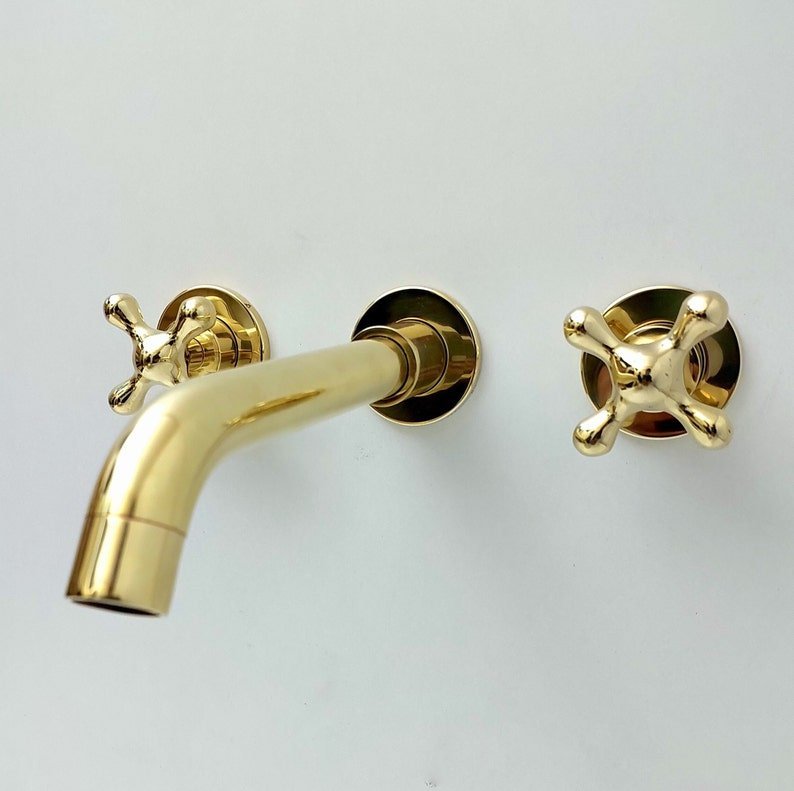 products-Wall1.jpg Unlacquered Brass Wall Mount Faucet, Gooseneck Faucet, Vintage Brass Wall Mounted tap, 3-Hole Wall Mount Bathroom Faucet with Cross Handles - Image 2