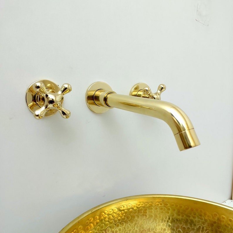 products-Wall10.jpg Unlacquered Brass Wall Mount Faucet, Gooseneck Faucet, Vintage Brass Wall Mounted tap, 3-Hole Wall Mount Bathroom Faucet with Cross Handles