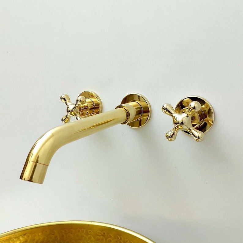 products-Wall2.jpg Unlacquered Brass Wall Mount Faucet, Gooseneck Faucet, Vintage Brass Wall Mounted tap, 3-Hole Wall Mount Bathroom Faucet with Cross Handles - Image 3