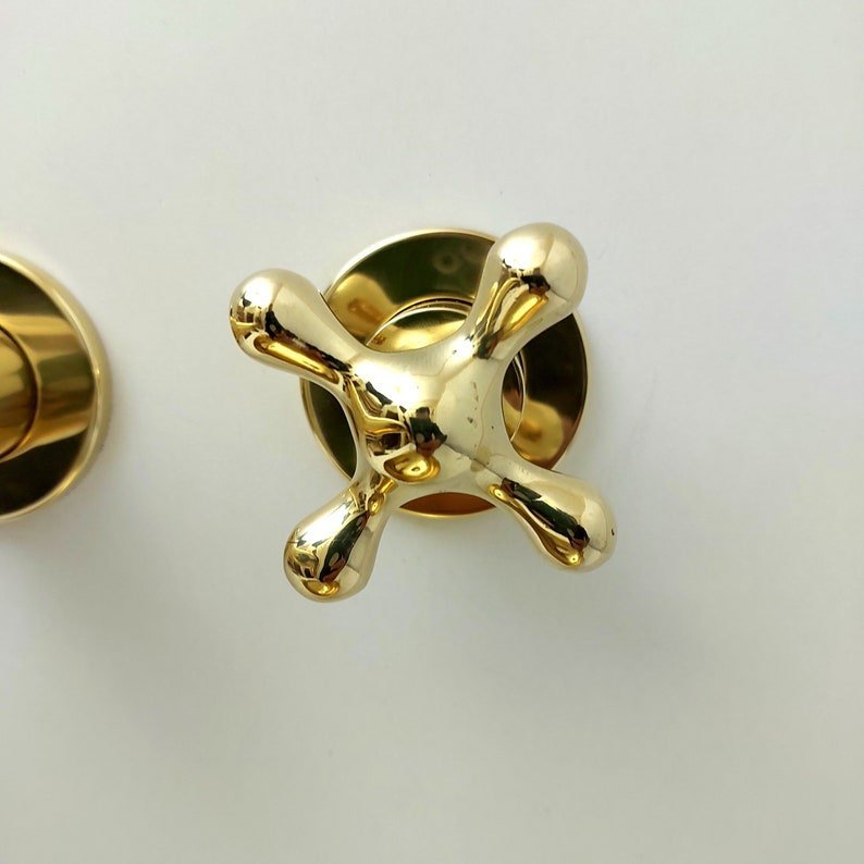 products-Wall4.jpg Unlacquered Brass Wall Mount Faucet, Gooseneck Faucet, Vintage Brass Wall Mounted tap, 3-Hole Wall Mount Bathroom Faucet with Cross Handles - Image 4