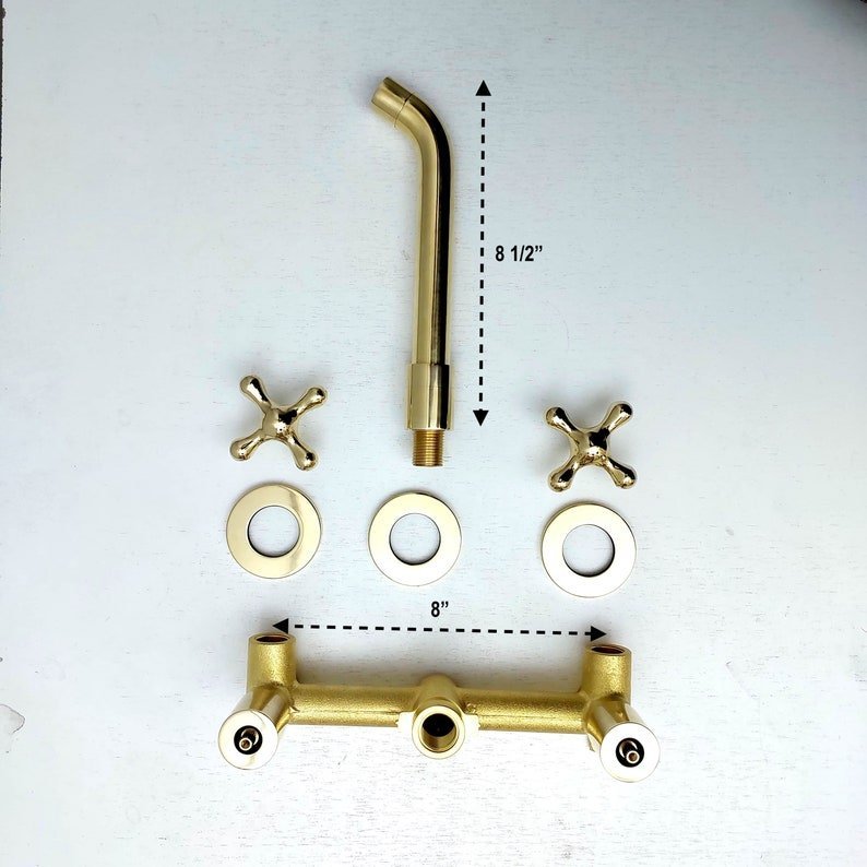 products-Wall6.jpg Unlacquered Brass Wall Mount Faucet, Gooseneck Faucet, Vintage Brass Wall Mounted tap, 3-Hole Wall Mount Bathroom Faucet with Cross Handles - Image 6