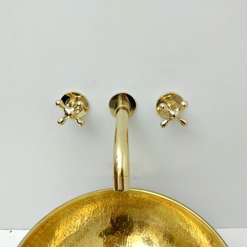 products-Wall7.jpg Unlacquered Brass Wall Mount Faucet, Gooseneck Faucet, Vintage Brass Wall Mounted tap, 3-Hole Wall Mount Bathroom Faucet with Cross Handles - Image 7