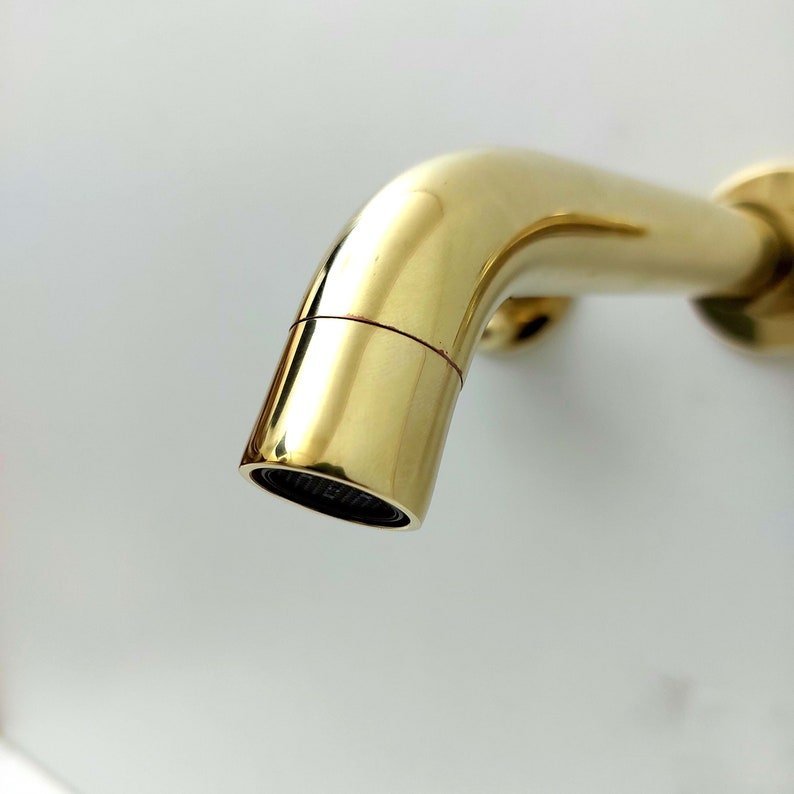 products-Wall8.jpg Unlacquered Brass Wall Mount Faucet, Gooseneck Faucet, Vintage Brass Wall Mounted tap, 3-Hole Wall Mount Bathroom Faucet with Cross Handles - Image 9