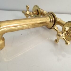 Solid Brass Wall Mounted Bathroom Faucet + Brass Cross Handles - Handmade Wall Mount Faucet
