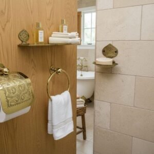 Unalacquered Brass 4 Piece Bathroom Set | Engraved Toilet Paper Holder, 30cm Shelf, Wall Mount Soap Dish and Towel Ring