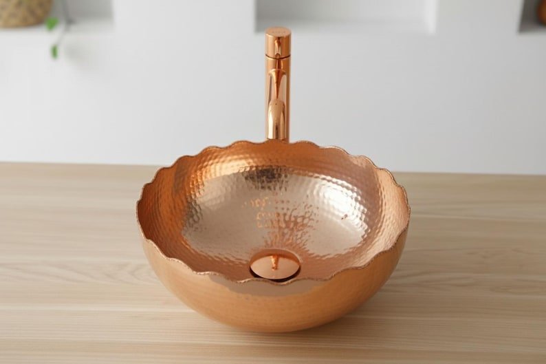 products-WashBowl1.jpg Handmade Hammered Copper Vessel Sink: Green Patina Wash Bowl