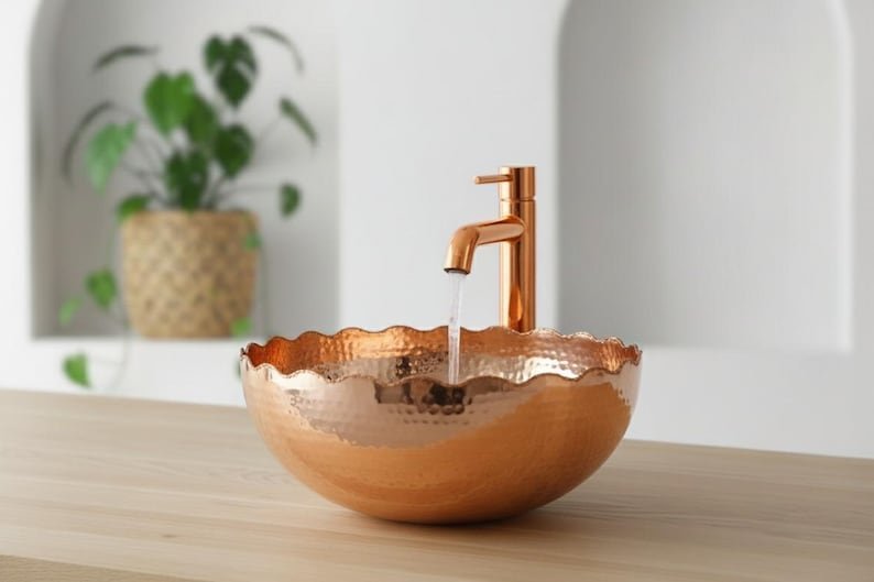 products-WashBowl5.jpg Handmade Hammered Copper Vessel Sink: Green Patina Wash Bowl - Image 5