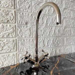 Chrome Kitchen Sink Faucet with Silver Finish, Handmade Double Handle Centerset Tap, Vintage Nickel Finish, Hot & Cold Water Control