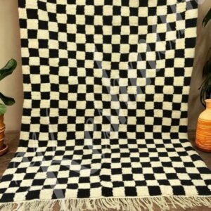 Black and white Moroccan Rug – Handmade Woven Area Rug with Fringe | Retro Checkerboard Decor | Modern Boho Home Accent
