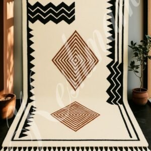 Handmade Moroccan Wool Rug – Modern Geometric Berber Carpet, Cream Black & Brown Large Area Rug, Custom Size Beni Ourain Style Decor