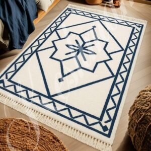Handmade Moroccan Wool Rug – Navy & White Modern Berber Carpet, Geometric Minimalist Area Rug, Custom Size Beni Ourain Style Decor