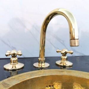 Handmade Unlacquered Brass Bathroom Faucet: 3-Hole Widespread Sink