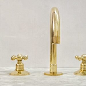 Unlacquered Brass Bathroom Faucet: Widespread 3-Hole Sink Fixture