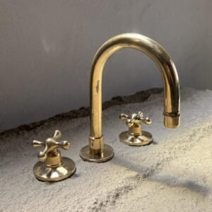Unlacquered Brass Widespread Faucet – Solid Brass Bathroom Sink Tap with Cross Handles