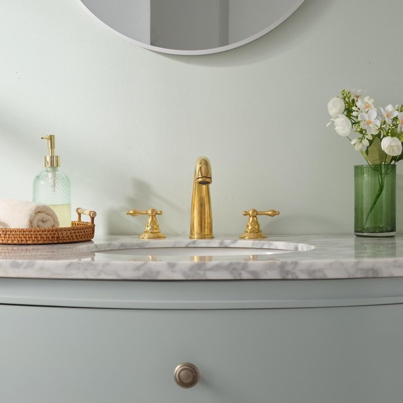 products-WidespreadVanityFaucet1.jpg Unlacquered Brass 3-Hole Bathroom Faucet - Widespread Vanity Faucet