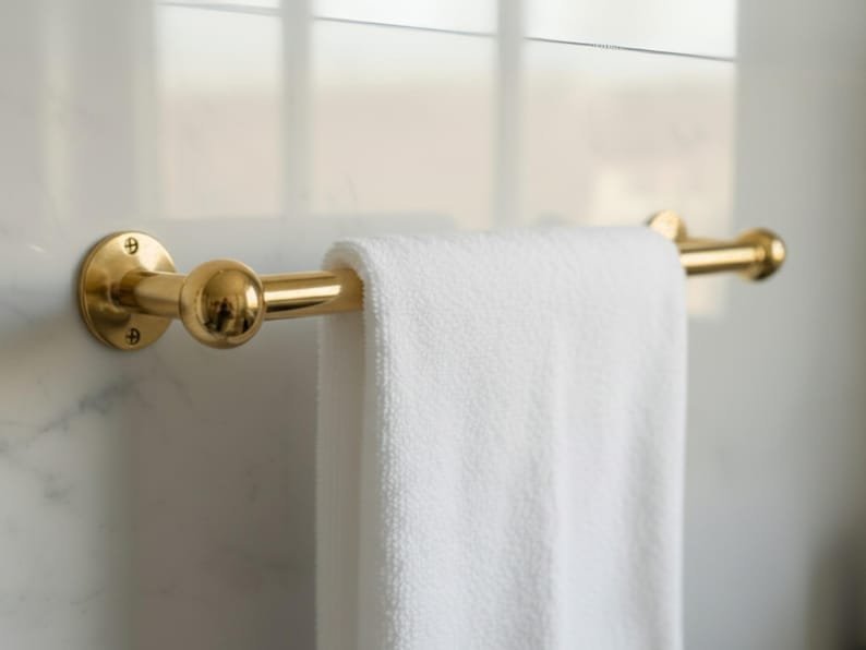 products-andmadeTowelRod6.jpg Unlacquered Brass Towel Bar, Handmade Towel Rod, Bathroom Towel Hanger, Vintage Towel Holder - Image 4