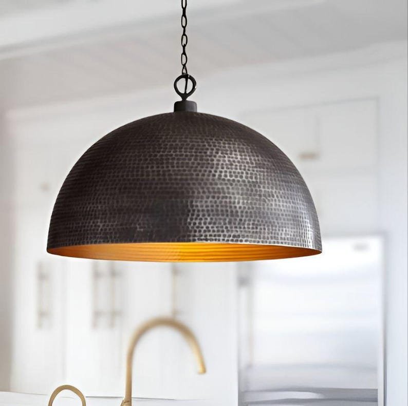 products-blackpatinadomependant3.jpg Handmade black patina dome pendant light - pure copper hanging lamp for modern and vintage interiors - custom dome lighting fixture - Image 2
