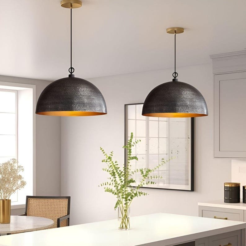 products-blackpatinadomependant4.jpg Handmade black patina dome pendant light - pure copper hanging lamp for modern and vintage interiors - custom dome lighting fixture - Image 5