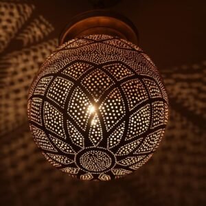 Moroccan Brass Pendant Light – Diamond Pattern Ceiling Lamp, Handmade Globe Light, Arabic Boho Hanging Lantern, Brass Shadow Fixture
