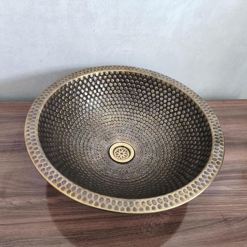 products-bronzesink.jpg Handmade Moroccan Brass Sink: Hammered Basin with Matching Drain - Image 3