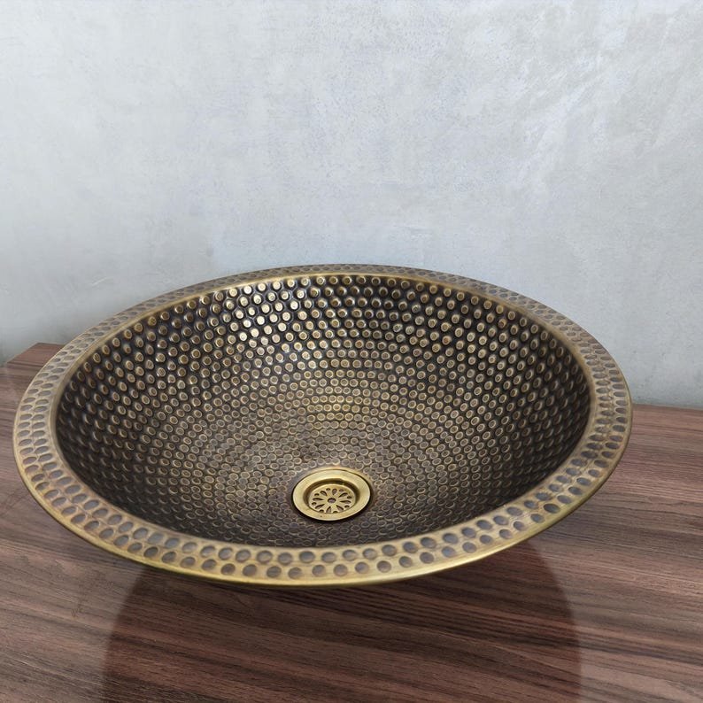 products-bronzesink1.jpg Handmade Moroccan Brass Sink: Hammered Basin with Matching Drain - Image 4