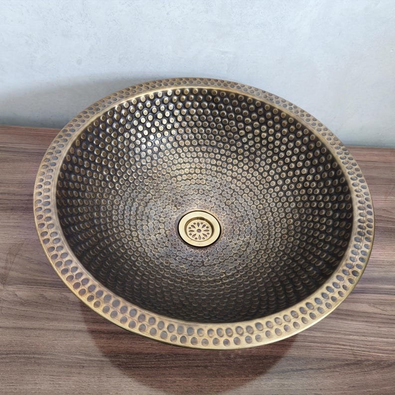 products-bronzesink2.jpg Handmade Moroccan Brass Sink: Hammered Basin with Matching Drain - Image 6