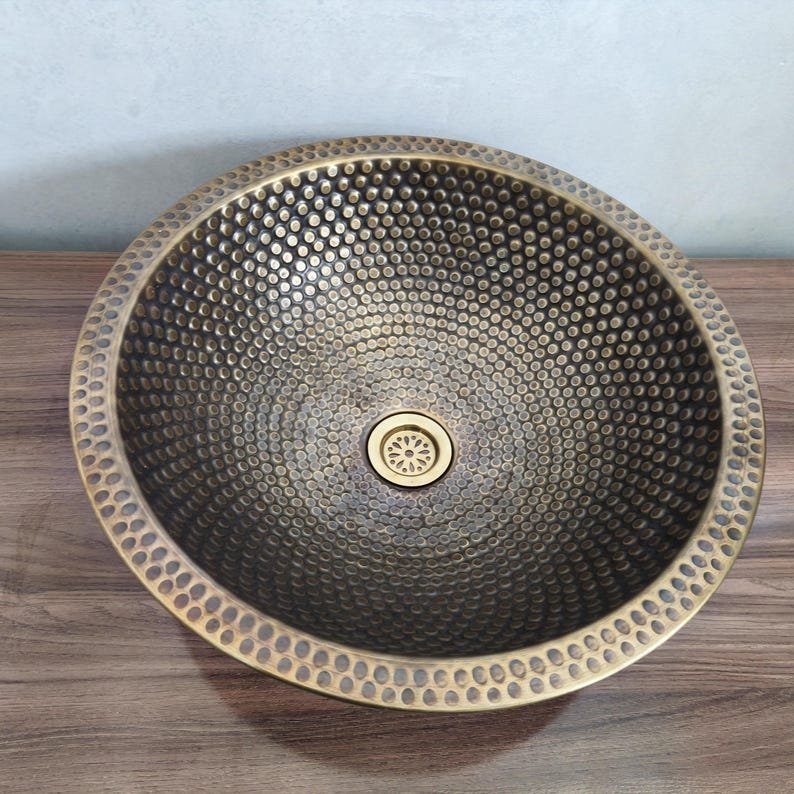 products-bronzesink3.jpg Handmade Moroccan Brass Sink: Hammered Basin with Matching Drain