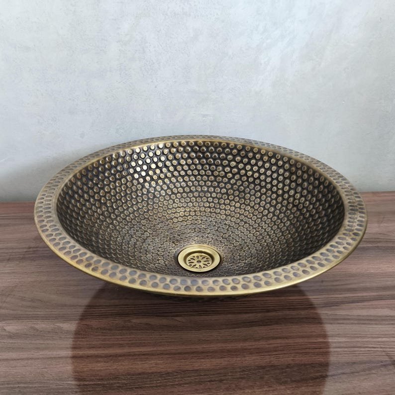 products-bronzesink6.jpg Handmade Moroccan Brass Sink: Hammered Basin with Matching Drain - Image 10