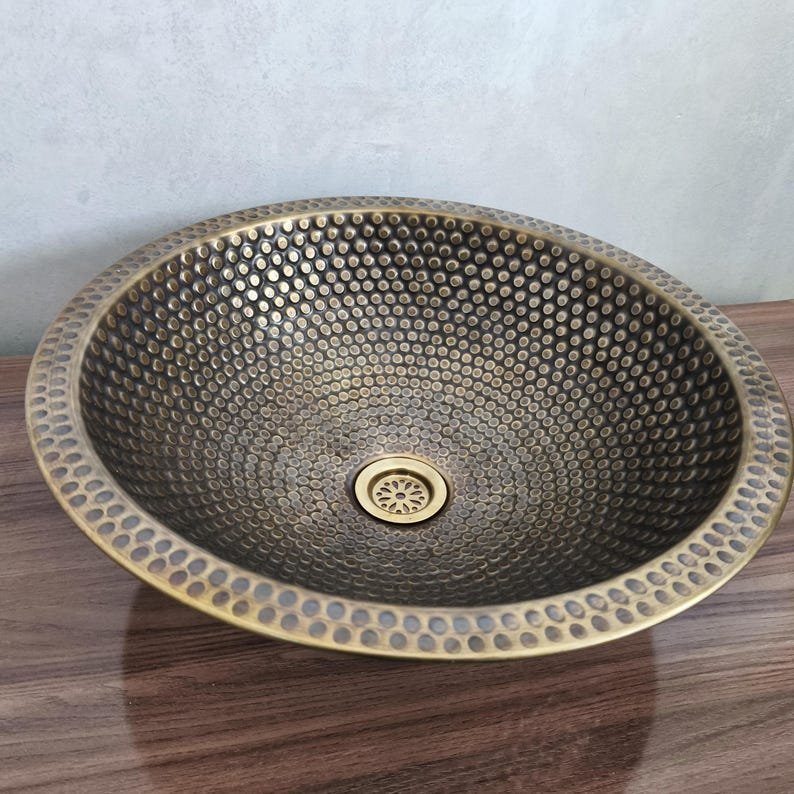 products-bronzesink7.jpg Handmade Moroccan Brass Sink: Hammered Basin with Matching Drain - Image 2