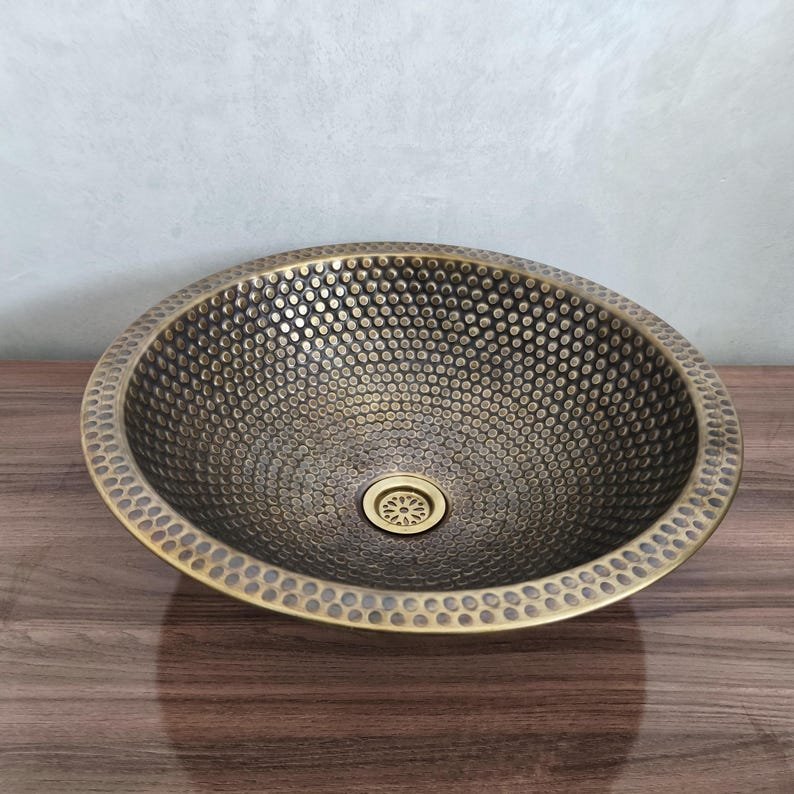 products-bronzesink8.jpg Handmade Moroccan Brass Sink: Hammered Basin with Matching Drain - Image 9