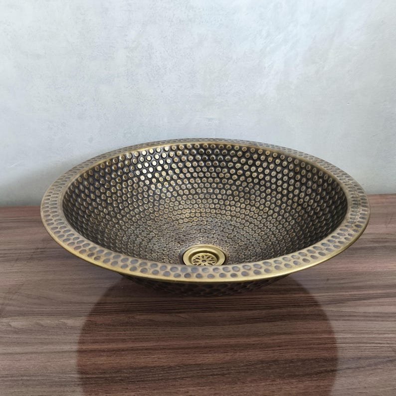 products-bronzesink9.jpg Handmade Moroccan Brass Sink: Hammered Basin with Matching Drain - Image 7