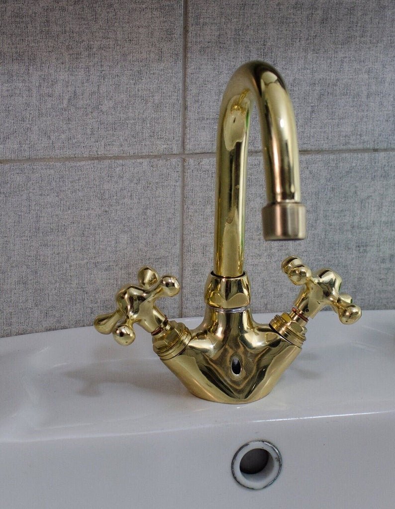 products-countertop2.jpg Unlacquered Brass Single Hole Faucet Bathroom Vanity, Vintage Cross Handle Brass Faucet, Handmade Solid Brass countertop Small bathroom Tap - Image 2