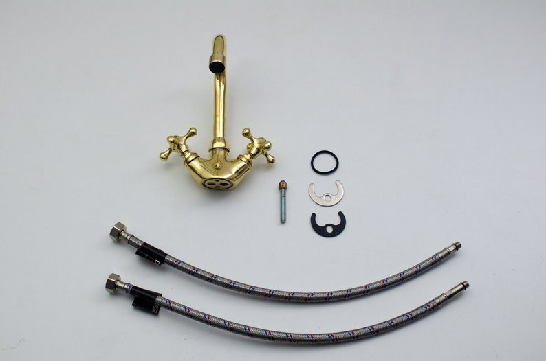 products-countertop9.jpg Unlacquered Brass Single Hole Faucet Bathroom Vanity, Vintage Cross Handle Brass Faucet, Handmade Solid Brass countertop Small bathroom Tap - Image 9