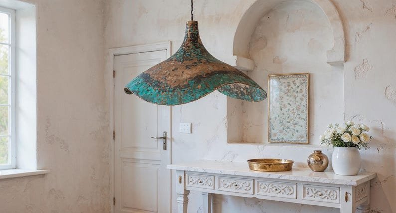 products-craftedHammeredCopper2.jpg Handcrafted Hammered Copper Pendant Light: Green Patina Dome Lamp - Image 2
