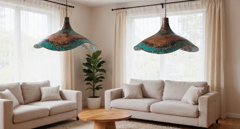 products-craftedHammeredCopper3.jpg Handcrafted Hammered Copper Pendant Light: Green Patina Dome Lamp - Image 3