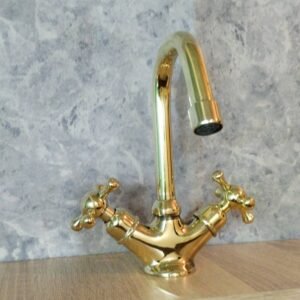Unlacquered Brass Gooseneck Bathroom Faucet: Single Hole, Cross Handle