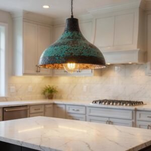 Hand Hammered Copper Pendant Light: Green Patina Farmhouse Dome