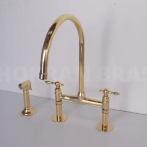 Premium Brass Bridge Kitchen Faucet with Lever Handles and Brass Sprayer - Unlacquered Finish