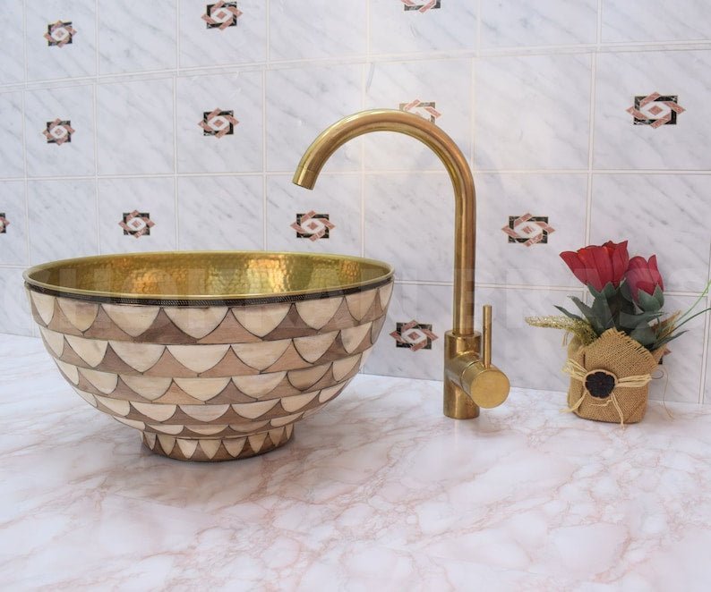 products-il_794xN.5720586868_ecv9.jpg Luxury Moroccan Bathroom Sink - Solid Unlacquered Brass, Bone, and Wood Finish with Brass Mixer Tap