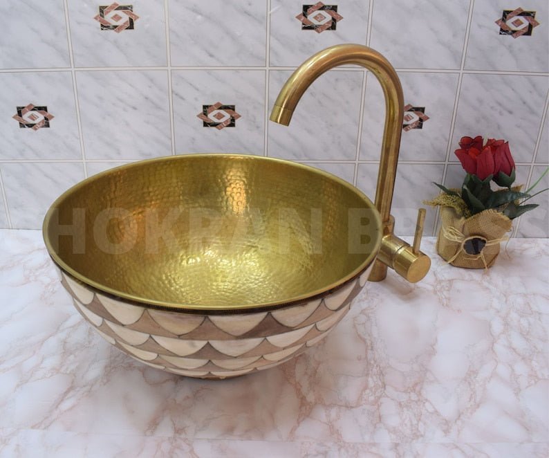 products-il_794xN.5720586872_4fam.jpg Luxury Moroccan Bathroom Sink - Solid Unlacquered Brass, Bone, and Wood Finish with Brass Mixer Tap - Image 7