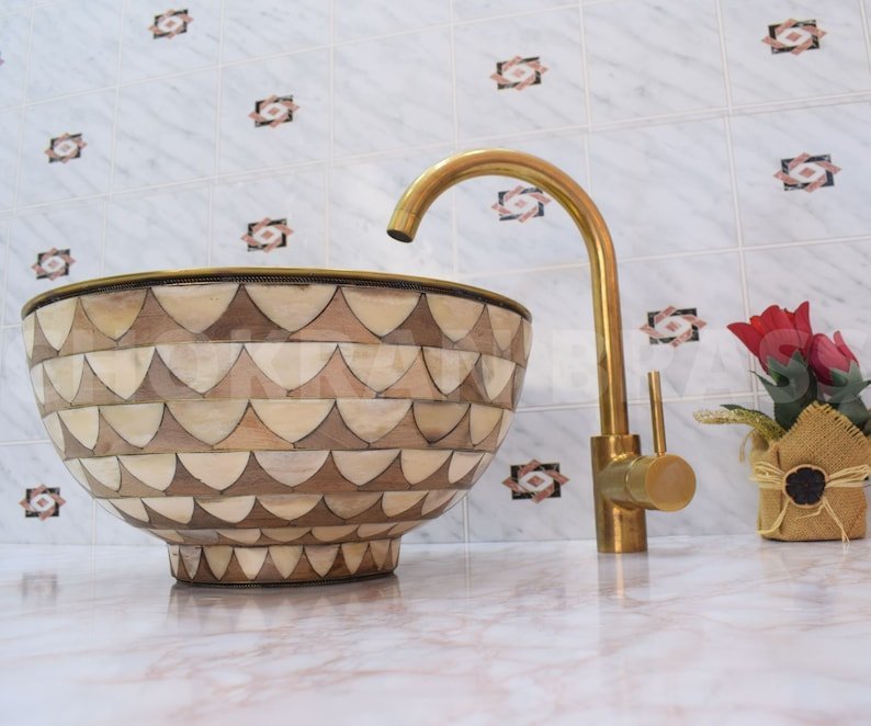 products-il_794xN.5720586880_33bj.jpg Luxury Moroccan Bathroom Sink - Solid Unlacquered Brass, Bone, and Wood Finish with Brass Mixer Tap - Image 2