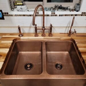 Antique Copper Bridge Faucet 10" with Cold Water Faucet & Sprayer - Kitchen Faucets