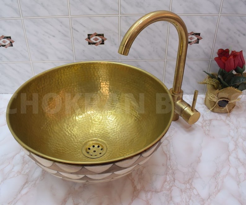 products-il_794xN.5768654749_6r40.jpg Luxury Moroccan Bathroom Sink - Solid Unlacquered Brass, Bone, and Wood Finish with Brass Mixer Tap - Image 6