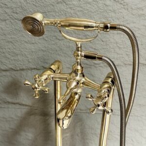 Unlacquered Brass Freestanding Tub Filler Faucet with Hand Shower – Solid Brass Bathtub Fixture