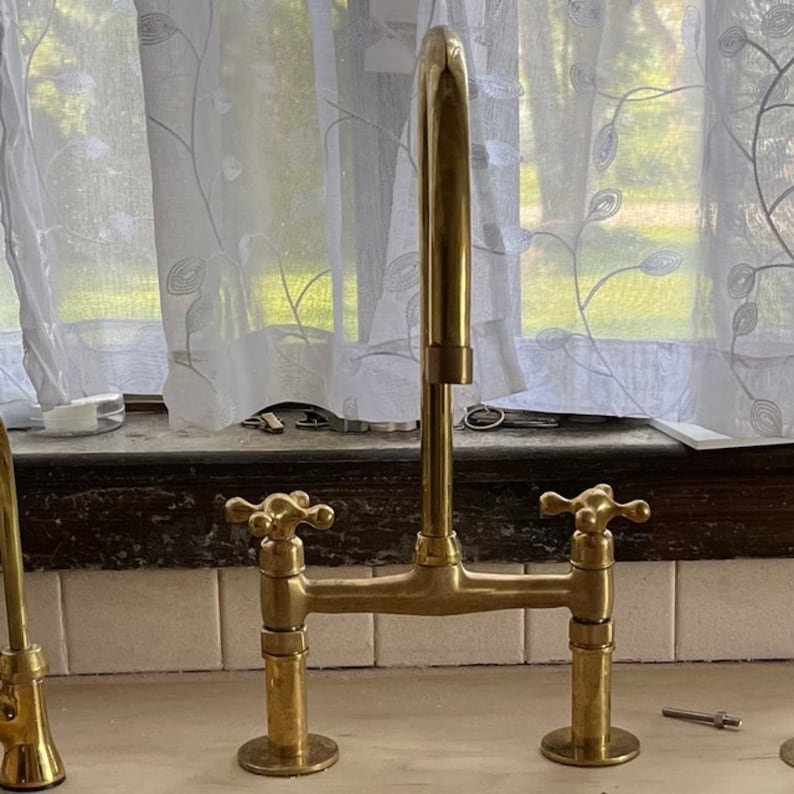 products-il_794xN.6134053077_pa0q.jpg Unlacquered Brass Kitchen Faucet - Solid Brass, Handmade, Antique Brass Sink Faucet - Image 3