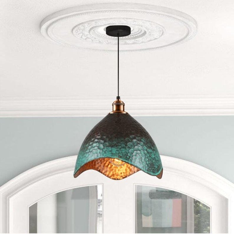 Set of 2 Green patina copper dome pendant light- oxidized turquoise patina with copper interior - modern kitchen island-vintage hanging lamp