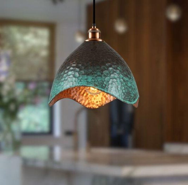 Set of 2 Green patina copper dome pendant light- oxidized turquoise patina with copper interior - modern kitchen island-vintage hanging lamp - Image 2