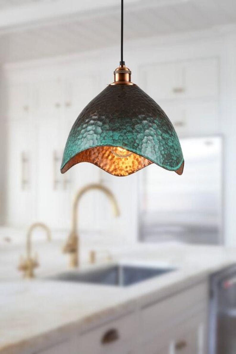 Set of 2 Green patina copper dome pendant light- oxidized turquoise patina with copper interior - modern kitchen island-vintage hanging lamp - Image 3